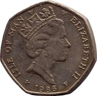 Isle of Man coin 20 Pence - Elizabeth II - 3'rd Portrait (1985 - 1987) obverse obverse of 20 Pence - Elizabeth II - 3'rd Portrait (1985 - 1987) coin with KM# 147 from Isle of Man. Inscription: ISLE OF MAN ELIZABETH II 1986