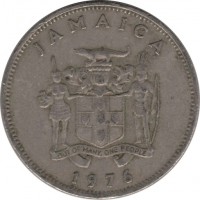 Jamaica coin 20 Cents - Elizabeth II - FAO: Forestry (1976 - 1987) obverse obverse of 20 Cents - Elizabeth II - FAO: Forestry (1976 - 1987) coin with KM# 69 from Jamaica. Inscription: JAMAICA OUT OF MANY, ONE PEOPLE 1976