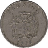 obverse of 20 Cents - Elizabeth II - FAO: Forestry (1976 - 1987) coin with KM# 69 from Jamaica. Inscription: JAMAICA OUT OF MANY, ONE PEOPLE 1976