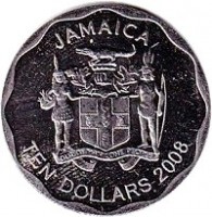 obverse of 10 Dollars - Elizabeth II - Round (2008 - 2015) coin with KM# 190 from Jamaica. Inscription: JAMAICA TEN DOLLARS 2008