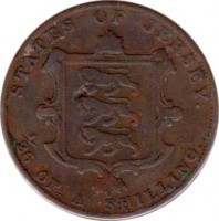 Jersey coin 1/26 Shilling - Victoria (1841 - 1861) reverse reverse of 1/26 Shilling - Victoria (1841 - 1861) coin with KM# 2 from Jersey. Inscription: STATES OF JERSEY. 1/26 OF A SHILLING.