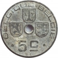 reverse of 5 Centimes - Leopold III - BELGIQUE-BELGIE (1941 - 1943) coin with KM# 123 from Belgium. Inscription: BELGIQUE-BELGIE L G · 5 c · O. J.