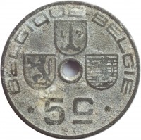 Belgium coin 5 Centimes - Leopold III - BELGIQUE-BELGIE (1941 - 1943) reverse reverse of 5 Centimes - Leopold III - BELGIQUE-BELGIE (1941 - 1943) coin with KM# 123 from Belgium. Inscription: BELGIQUE-BELGIE L G · 5 c · O. J.