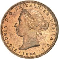 obverse of 1/13 Shilling - Victoria (1866 - 1871) coin with KM# 5 from Jersey. Inscription: VICTORIA D.G.BRITANNIAR.REGINA F.D. 1866