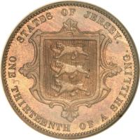 reverse of 1/13 Shilling - Victoria (1866 - 1871) coin with KM# 5 from Jersey. Inscription: STATES OF JERSEY. ONE THIRTEENTH OF A SHILLING.