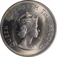 Jersey coin 5 Shillings - Elizabeth II - Battle of Hastings - 1'st Portrait (1966) obverse obverse of 5 Shillings - Elizabeth II - Battle of Hastings - 1'st Portrait (1966) coin with KM# 28 from Jersey. Inscription: QUEEN ELIZABETH THE SECOND