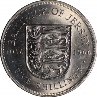 Jersey coin 5 Shillings - Elizabeth II - Battle of Hastings - 1'st Portrait (1966) reverse reverse of 5 Shillings - Elizabeth II - Battle of Hastings - 1'st Portrait (1966) coin with KM# 28 from Jersey. Inscription: BAILIWICK OF JERSEY 1066 1966 · FIVE SHILLINGS ·