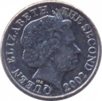 obverse of 5 Pence - Elizabeth II - 4'th Portrait (1998 - 2008) coin with KM# 105 from Jersey. Inscription: QUEEN ELIZABETH THE SECOND 2002 IRB