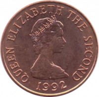 obverse of 2 Pence - Elizabeth II - 2'nd Portrait (1992 - 1997) coin with KM# 55b from Jersey. Inscription: QUEEN ELIZABETH THE SECOND 1992