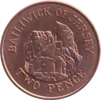 reverse of 2 Pence - Elizabeth II - 2'nd Portrait (1992 - 1997) coin with KM# 55b from Jersey. Inscription: BAILIWICK OF JERSEY TWO PENCE