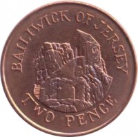 Jersey coin 2 Pence - Elizabeth II - 2'nd Portrait (1992 - 1997) reverse reverse of 2 Pence - Elizabeth II - 2'nd Portrait (1992 - 1997) coin with KM# 55b from Jersey. Inscription: BAILIWICK OF JERSEY TWO PENCE