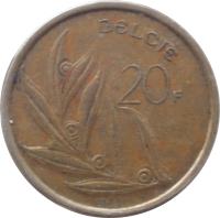 reverse of 20 Francs - Baudouin I - Dutch text (1980 - 1993) coin with KM# 160 from Belgium. Inscription: BELGIË 20F 1991