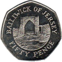 Jersey coin 50 Pence - Elizabeth II - 4'th Portrait (1998 - 2014) reverse reverse of 50 Pence - Elizabeth II - 4'th Portrait (1998 - 2014) coin with KM# 108 from Jersey. Inscription: BAILIWICK OF JERSEY FIFTY PENCE