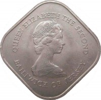 Jersey coin 1 Pound - Elizabeth II - Battle of Jersey (1981) obverse obverse of 1 Pound - Elizabeth II - Battle of Jersey (1981) coin with KM# 51 from Jersey. Inscription: QUEEN ELIZABETH THE SECOND BAILIWICK OF JERSEY
