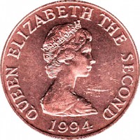 obverse of 1 Penny - Elizabeth II - 2'nd Portrait (1994 - 1997) coin with KM# 54b from Jersey. Inscription: QUEEN ELIZABETH THE SECOND 1994