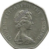 obverse of 50 New Pence - Elizabeth II - 2'nd Portrait (1969 - 1980) coin with KM# 34 from Jersey. Inscription: QUEEN ELIZABETH THE SECOND