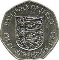Jersey coin 50 New Pence - Elizabeth II - 2'nd Portrait (1969 - 1980) reverse reverse of 50 New Pence - Elizabeth II - 2'nd Portrait (1969 - 1980) coin with KM# 34 from Jersey. Inscription: BAILIWICK OF JERSEY FIFTY NEW PENCE 1969