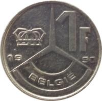 reverse of 1 Franc - Baudouin I - Dutch text (1989 - 1993) coin with KM# 171 from Belgium. Inscription: 1F 19 90 BELGIË