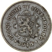 Luxembourg coin 5 Centimes - Charlotte (1918 - 1922) obverse obverse of 5 Centimes - Charlotte (1918 - 1922) coin with KM# 30 from Luxembourg. Inscription: GRAND DUCHÉ DE LUXEMBOURG + 1918 +