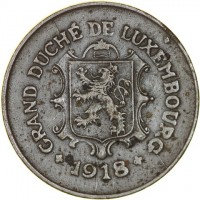 obverse of 5 Centimes - Charlotte (1918 - 1922) coin with KM# 30 from Luxembourg. Inscription: GRAND DUCHÉ DE LUXEMBOURG + 1918 +