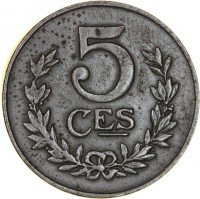 Luxembourg coin 5 Centimes - Charlotte (1918 - 1922) reverse reverse of 5 Centimes - Charlotte (1918 - 1922) coin with KM# 30 from Luxembourg. Inscription: 5 CES
