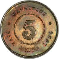 reverse of 5 Cents - George V (1917 - 1924) coin with KM# 14 from Mauritius. Inscription: * MAURITIUS * 5 FIVE CENTS 1924