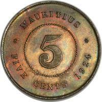 Mauritius coin 5 Cents - George V (1917 - 1924) reverse reverse of 5 Cents - George V (1917 - 1924) coin with KM# 14 from Mauritius. Inscription: * MAURITIUS * 5 FIVE CENTS 1924