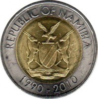 Namibia coin 10 Dollars - Bank of Namibia (2010) obverse obverse of 10 Dollars - Bank of Namibia (2010) coin with KM# 21 from Namibia. Inscription: REPUBLIC OF NAMIBIA UNITY LIBERTY JUSTICE 1990 - 2010