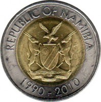 obverse of 10 Dollars - Bank of Namibia (2010) coin with KM# 21 from Namibia. Inscription: REPUBLIC OF NAMIBIA UNITY LIBERTY JUSTICE 1990 - 2010