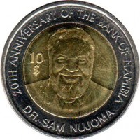 reverse of 10 Dollars - Bank of Namibia (2010) coin with KM# 21 from Namibia. Inscription: 20TH ANNIVERSARY OF THE BANK OF NAMIBIA 10 $ DR. SAM NUJOMA