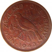 New Zealand coin 1 Penny - George VI (1940 - 1947) reverse reverse of 1 Penny - George VI (1940 - 1947) coin with KM# 13 from New Zealand. Inscription: NEW ZEALAND - ONE PENNY · 1943 ·