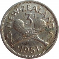 reverse of 3 Pence - George VI (1948 - 1952) coin with KM# 15 from New Zealand. Inscription: NEW · ZEALAND 3d · 1951 ·