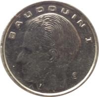 obverse of 1 Franc - Baudouin I - French text (1989 - 1993) coin with KM# 170 from Belgium. Inscription: BAUDOUIN I