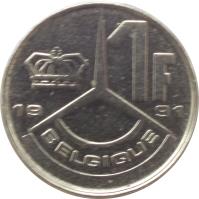 Belgium coin 1 Franc - Baudouin I - French text (1989 - 1993) reverse reverse of 1 Franc - Baudouin I - French text (1989 - 1993) coin with KM# 170 from Belgium. Inscription: 1F 19 91 BELGIQUE
