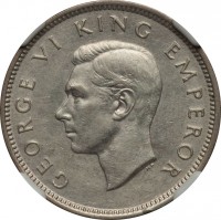 obverse of 1 Shilling - George VI (1937 - 1946) coin with KM# 9 from New Zealand. Inscription: GEORGE VI KING EMPEROR