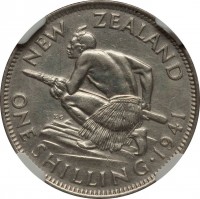 reverse of 1 Shilling - George VI (1937 - 1946) coin with KM# 9 from New Zealand. Inscription: NEW ZEALAND ONE SHILLING 1941