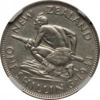 New Zealand coin 1 Shilling - George VI (1937 - 1946) reverse reverse of 1 Shilling - George VI (1937 - 1946) coin with KM# 9 from New Zealand. Inscription: NEW ZEALAND ONE SHILLING 1941
