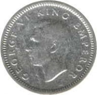 obverse of 3 Pence - George VI (1937 - 1946) coin with KM# 7 from New Zealand. Inscription: GEORGE VI KING EMPEROR