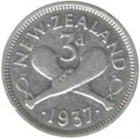 New Zealand coin 3 Pence - George VI (1937 - 1946) reverse reverse of 3 Pence - George VI (1937 - 1946) coin with KM# 7 from New Zealand. Inscription: NEW ZEALAND 3d · 1946 ·