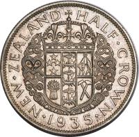 New Zealand coin 1/2 Crown - George V (1933 - 1935) reverse reverse of 1/2 Crown - George V (1933 - 1935) coin with KM# 5 from New Zealand. Inscription: NEW · ZEALAND HALF · CROWN · 1933 ·