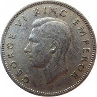 obverse of 1 Shilling - George VI (1947) coin with KM# 9a from New Zealand. Inscription: GEORGE VI KING EMPEROR