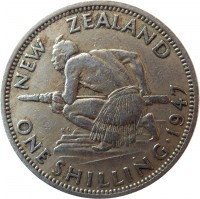 reverse of 1 Shilling - George VI (1947) coin with KM# 9a from New Zealand. Inscription: NEW · ZEALAND ONE SHILLING · 1947