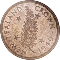 New Zealand coin 1 Crown - George VI - Proposed Royal Visit (1949) reverse reverse of 1 Crown - George VI - Proposed Royal Visit (1949) coin with KM# 22 from New Zealand. Inscription: NEW ZEALAND CROWN 1949 ·