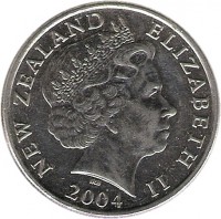 New Zealand coin 20 Cents - Elizabeth II - 4'th Portrait (1999 - 2006) obverse obverse of 20 Cents - Elizabeth II - 4'th Portrait (1999 - 2006) coin with KM# 118 from New Zealand. Inscription: NEW ZEALAND ELIZABETH II IRB 2004