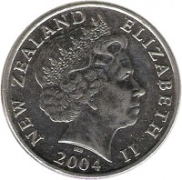 obverse of 20 Cents - Elizabeth II - 4'th Portrait (1999 - 2006) coin with KM# 118 from New Zealand. Inscription: NEW ZEALAND ELIZABETH II IRB 2004