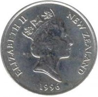 obverse of 10 Cents - Elizabeth II - 3'rd Portrait (1986 - 1998) coin with KM# 61 from New Zealand. Inscription: ELIZABETH II NEW ZEALAND 1988