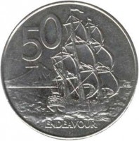 reverse of 50 Cents - Elizabeth II - 3'rd Portrait (1986 - 1998) coin with KM# 63 from New Zealand. Inscription: 50 ENDEAVOUR