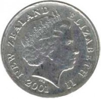 obverse of 5 Cents - Elizabeth II - 4'th Portrait (1999 - 2006) coin with KM# 116 from New Zealand. Inscription: NEW ZELAND ELIZABETH II 2003