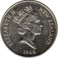 New Zealand coin 20 Cents - Elizabeth II - 3'rd Portrait (1986 - 1989) obverse obverse of 20 Cents - Elizabeth II - 3'rd Portrait (1986 - 1989) coin with KM# 62 from New Zealand. Inscription: ELIZABETH II NEW ZEALAND 1988