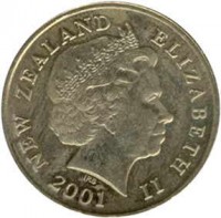 obverse of 2 Dollars - Elizabeth II - 4'th Portrait (1999 - 2014) coin with KM# 121 from New Zealand. Inscription: NEW ZEALAND ELIZABETH II 2001